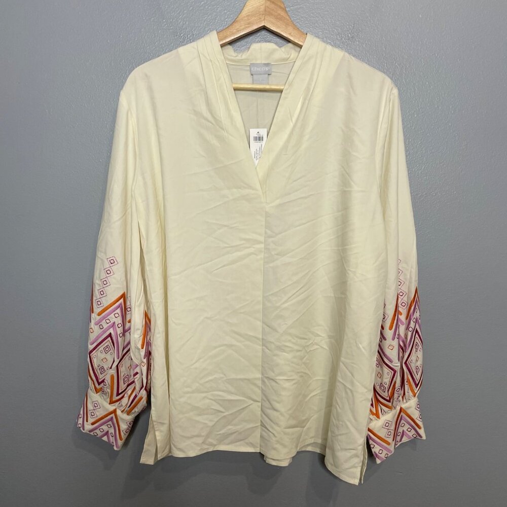 CHICO'S cream embroidered balloon sleeve blouse M